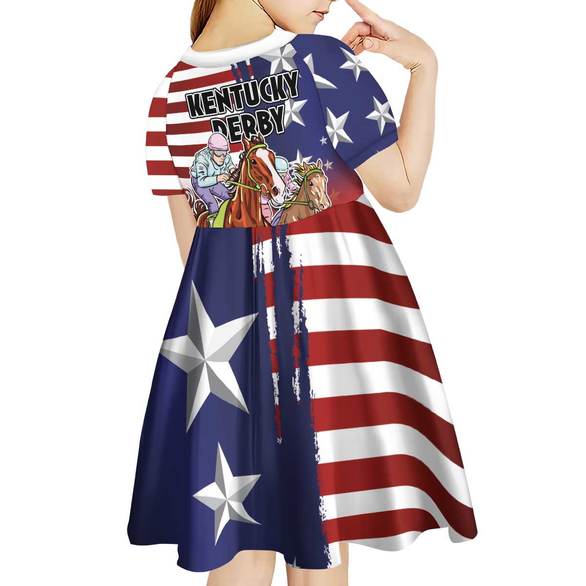 Kentucky Horses Racing Kid Short Sleeve Dress Roses Road with US Flag Style