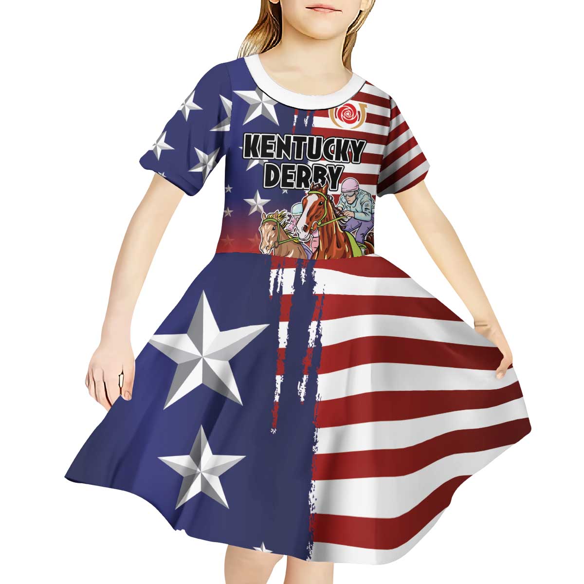 Kentucky Horses Racing Kid Short Sleeve Dress Roses Road with US Flag Style