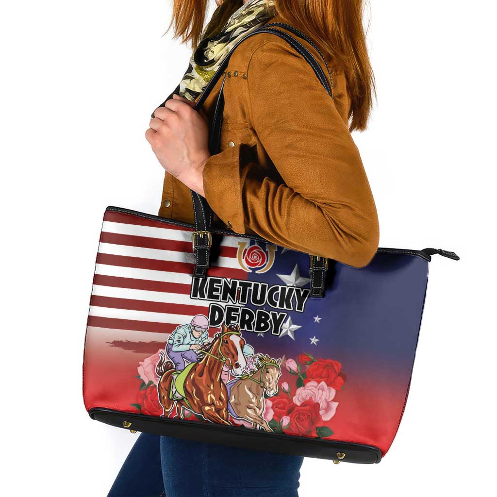 Kentucky Horses Racing Leather Tote Bag Roses Road with US Flag Style