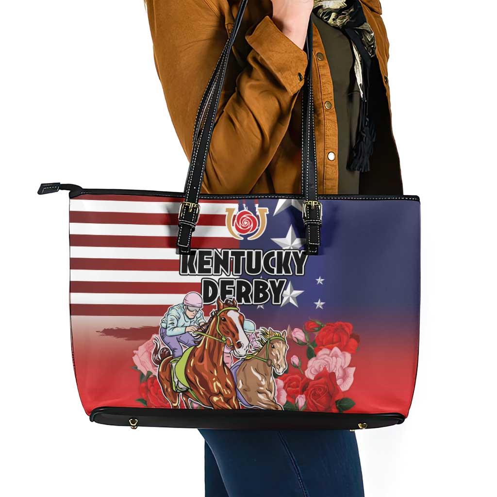 Kentucky Horses Racing Leather Tote Bag Roses Road with US Flag Style