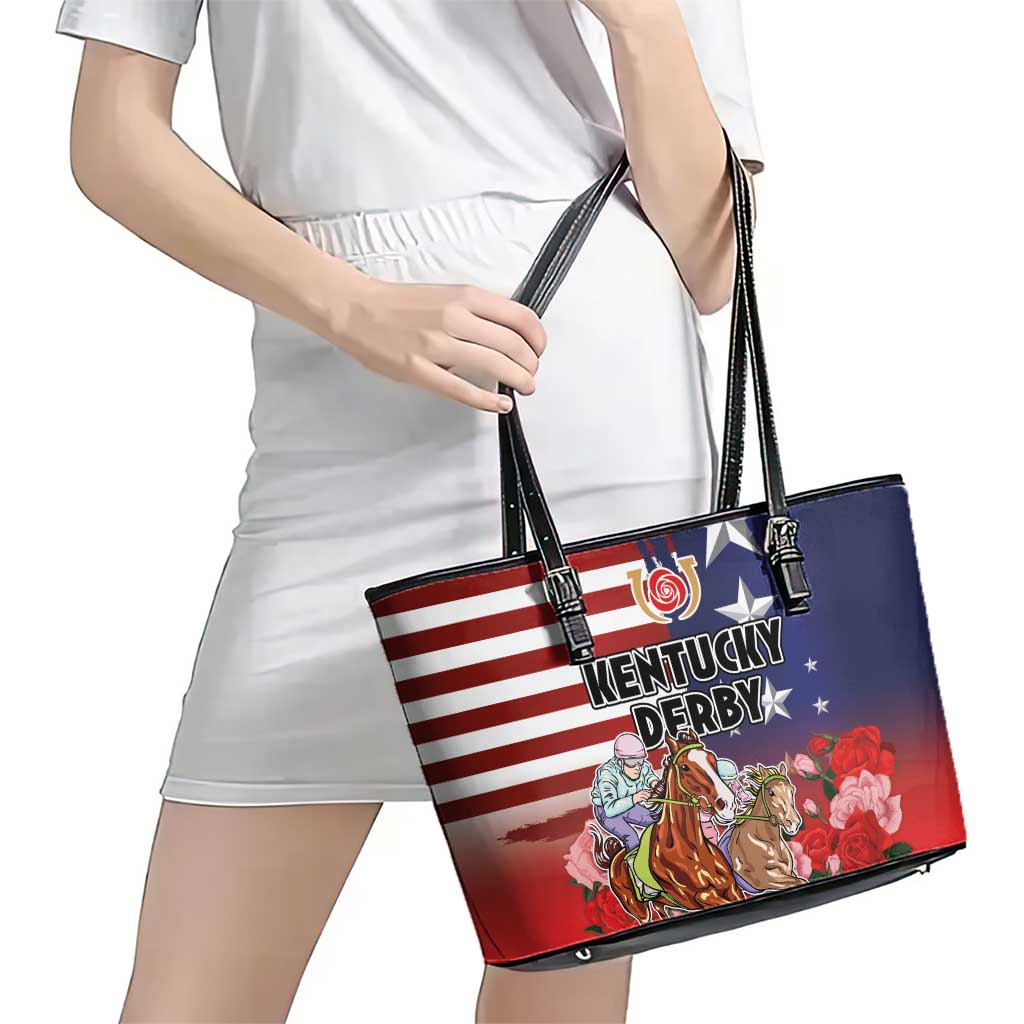 Kentucky Horses Racing Leather Tote Bag Roses Road with US Flag Style