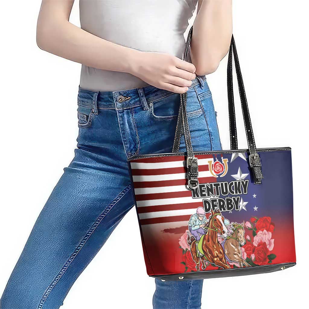 Kentucky Horses Racing Leather Tote Bag Roses Road with US Flag Style