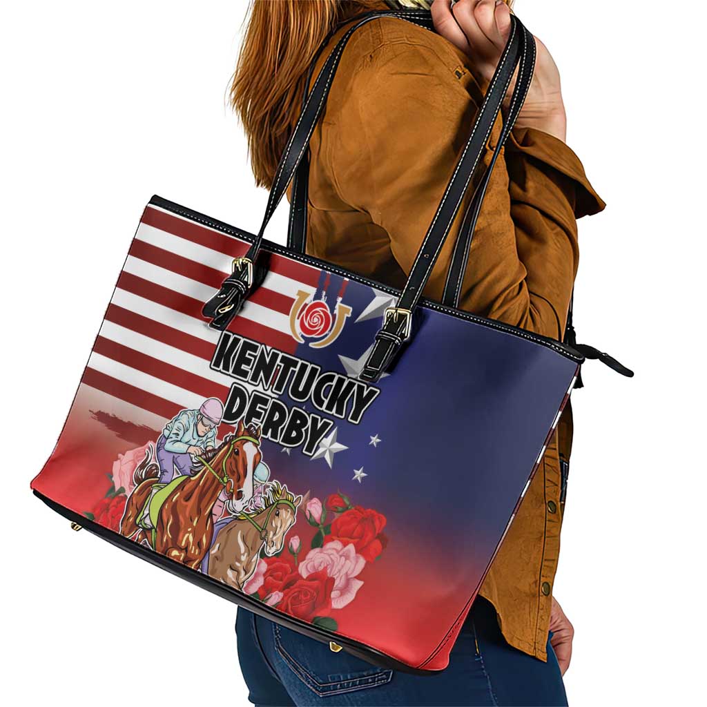 Kentucky Horses Racing Leather Tote Bag Roses Road with US Flag Style