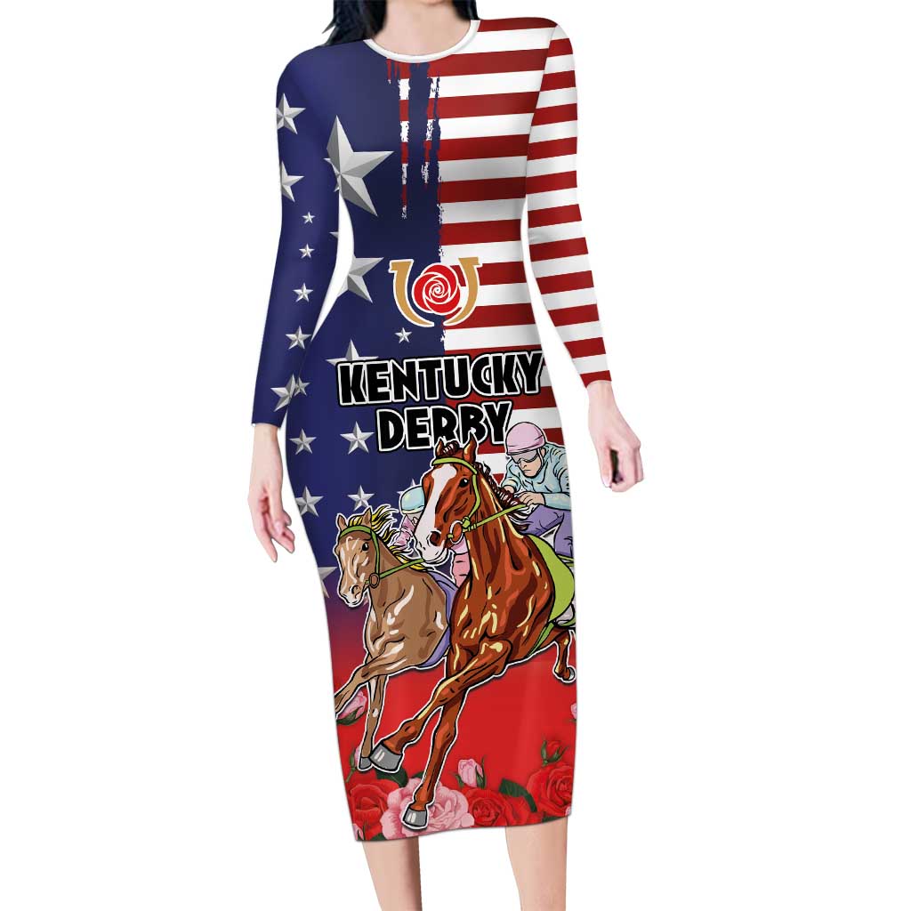 Kentucky Horses Racing Long Sleeve Bodycon Dress Roses Road with US Flag Style