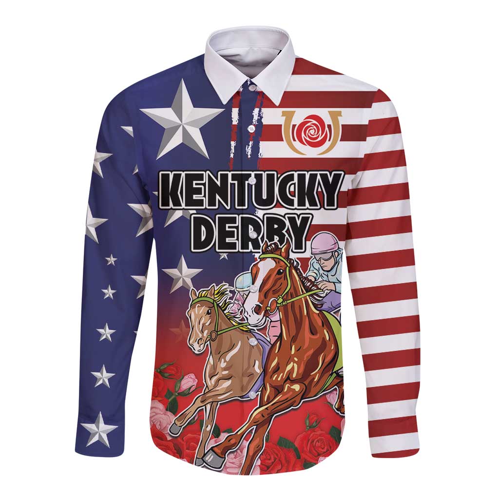 Kentucky Horses Racing Long Sleeve Button Shirt Roses Road with US Flag Style