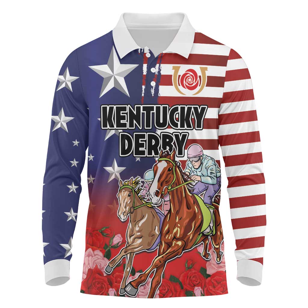 Kentucky Horses Racing Long Sleeve Polo Shirt Roses Road with US Flag Style