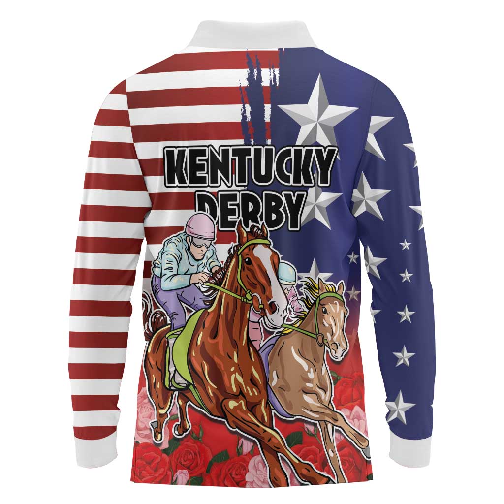 Kentucky Horses Racing Long Sleeve Polo Shirt Roses Road with US Flag Style