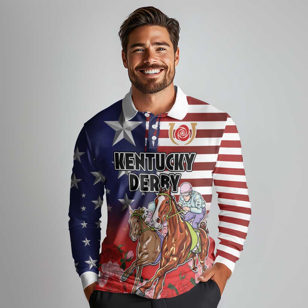 Kentucky Horses Racing Long Sleeve Polo Shirt Roses Road with US Flag Style