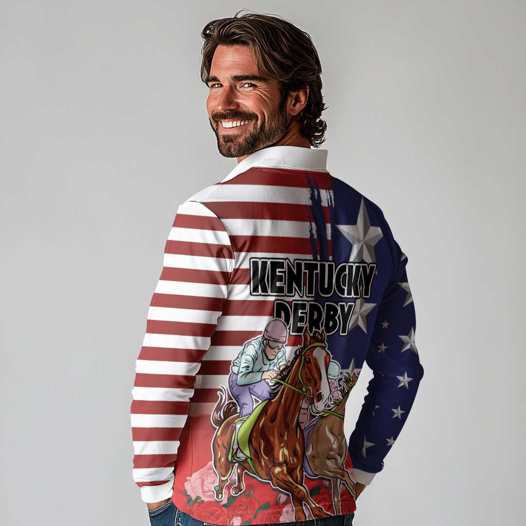 Kentucky Horses Racing Long Sleeve Polo Shirt Roses Road with US Flag Style