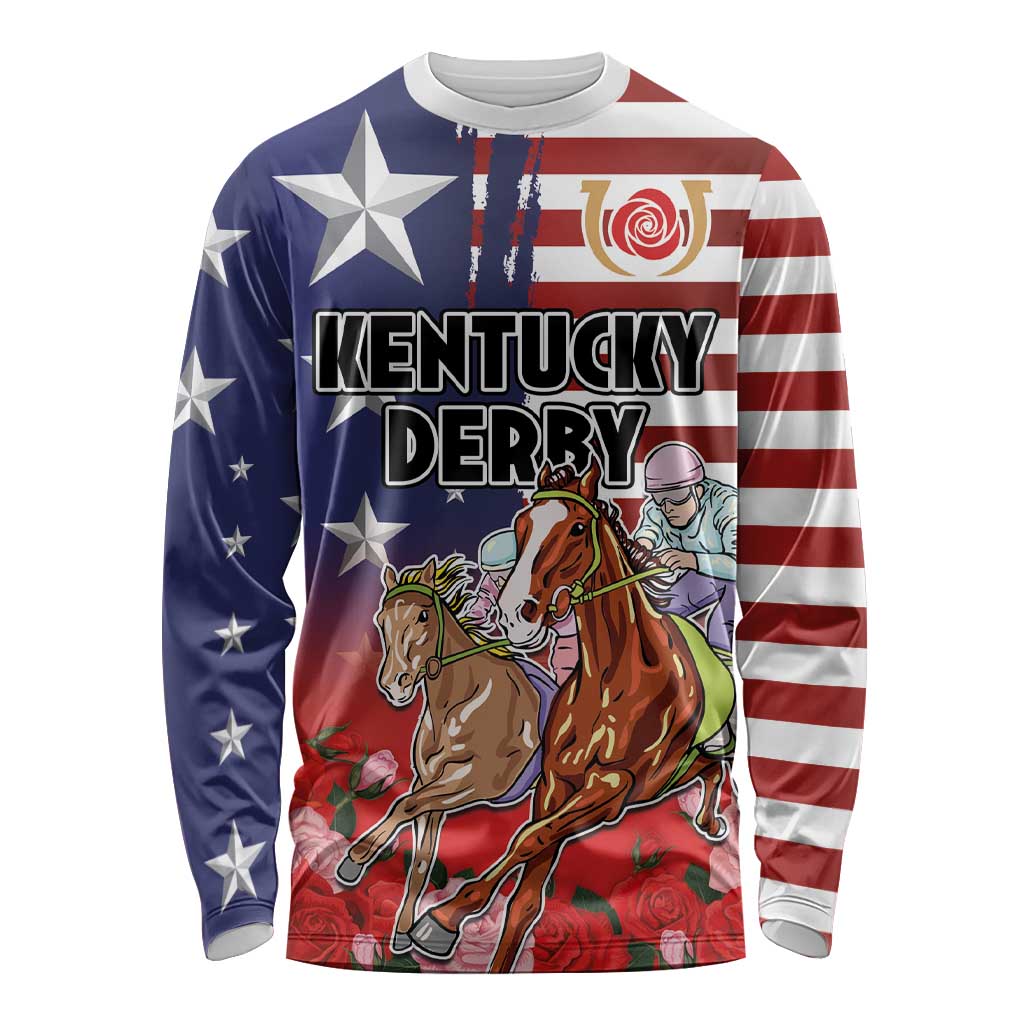Kentucky Horses Racing Long Sleeve Shirt Roses Road with US Flag Style
