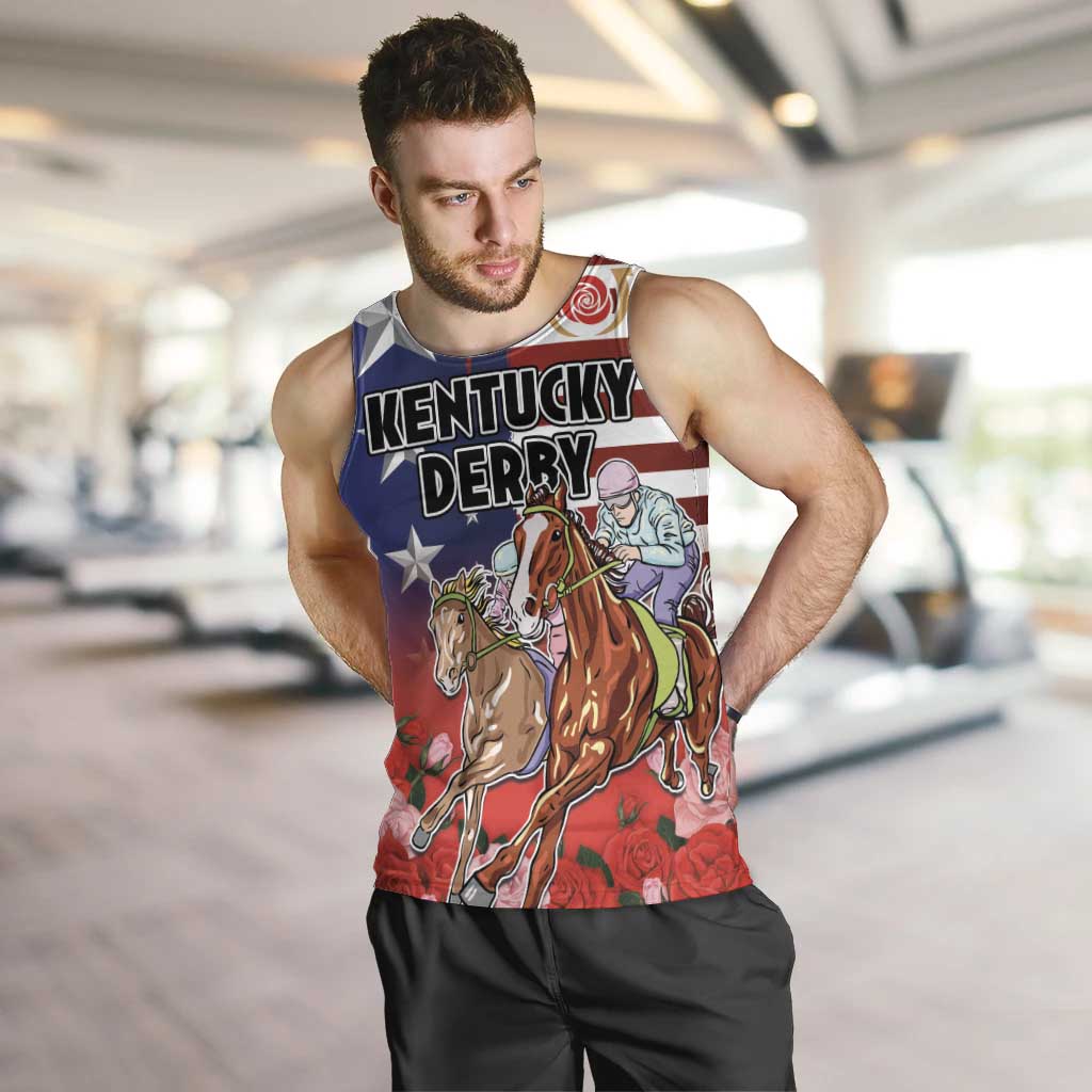 Kentucky Horses Racing Men Tank Top Roses Road with US Flag Style