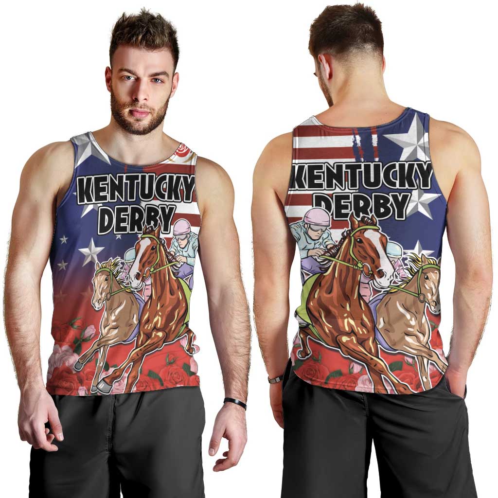 Kentucky Horses Racing Men Tank Top Roses Road with US Flag Style