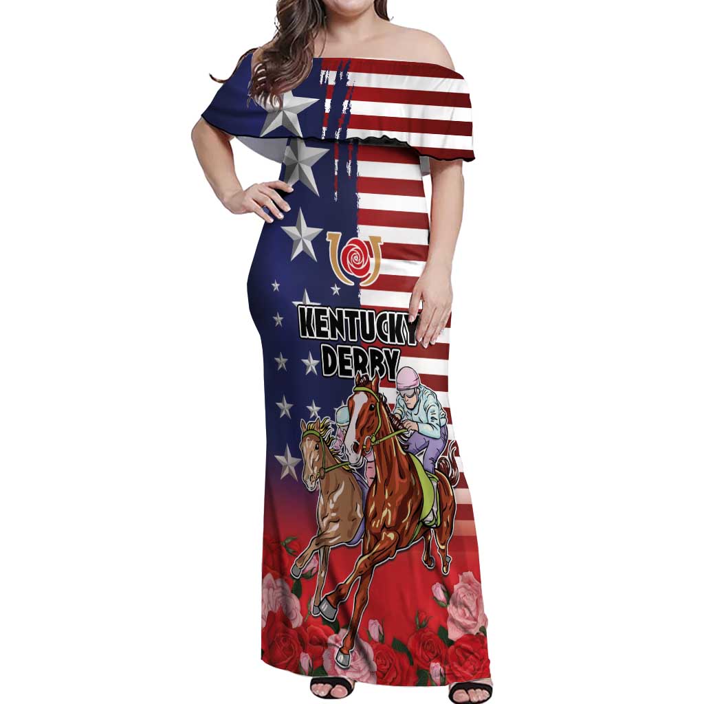 Kentucky Horses Racing Off Shoulder Maxi Dress Roses Road with US Flag Style