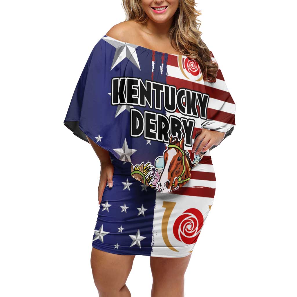 Kentucky Horses Racing Off Shoulder Short Dress Roses Road with US Flag Style