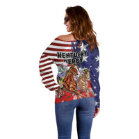 Kentucky Horses Racing Off Shoulder Sweater Roses Road with US Flag Style