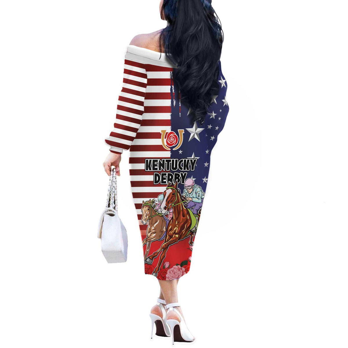 Kentucky Horses Racing Off The Shoulder Long Sleeve Dress Roses Road with US Flag Style