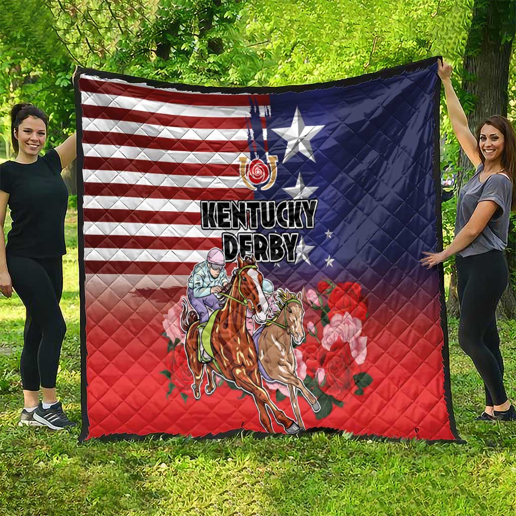 Kentucky Horses Racing Quilt Roses Road with US Flag Style