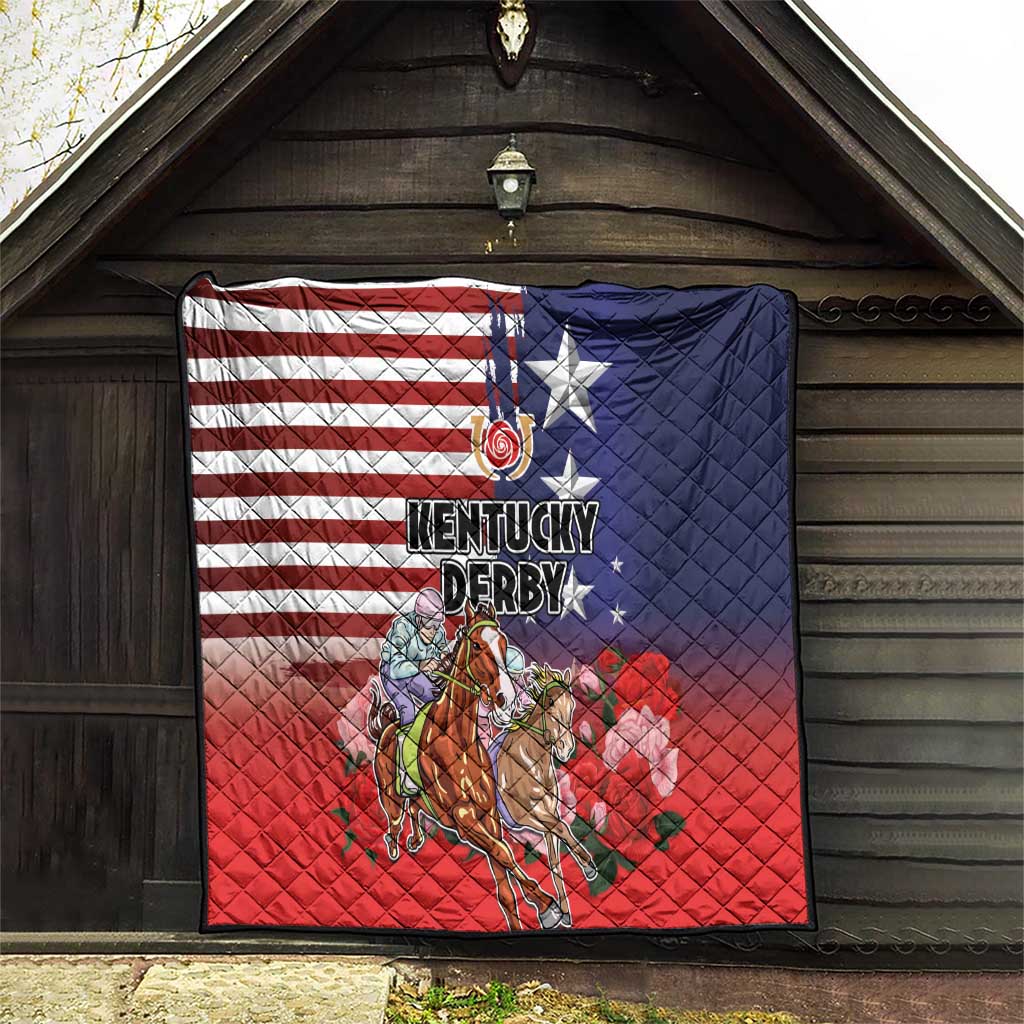 Kentucky Horses Racing Quilt Roses Road with US Flag Style