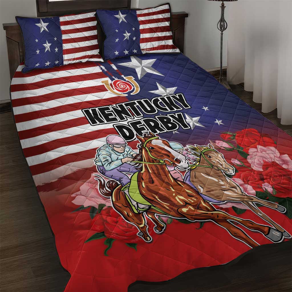 Kentucky Horses Racing Quilt Bed Set Roses Road with US Flag Style