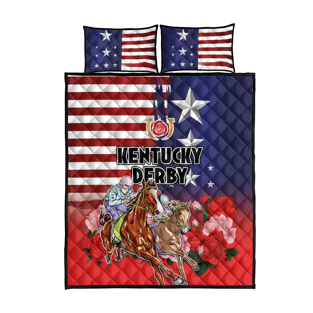 Kentucky Horses Racing Quilt Bed Set Roses Road with US Flag Style