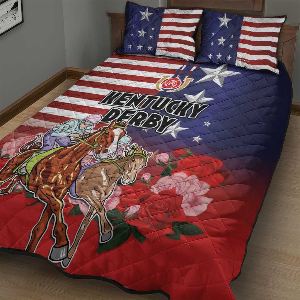 Kentucky Horses Racing Quilt Bed Set Roses Road with US Flag Style