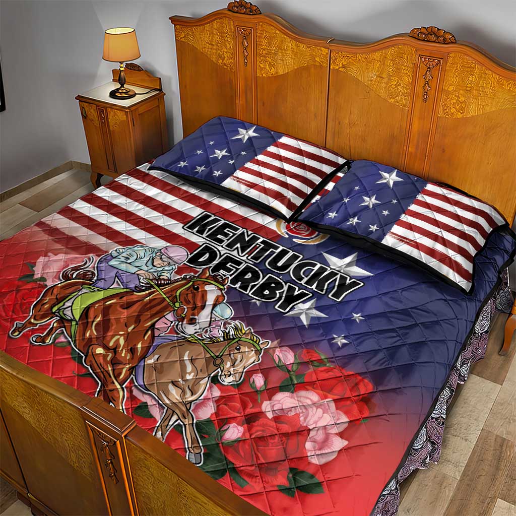 Kentucky Horses Racing Quilt Bed Set Roses Road with US Flag Style
