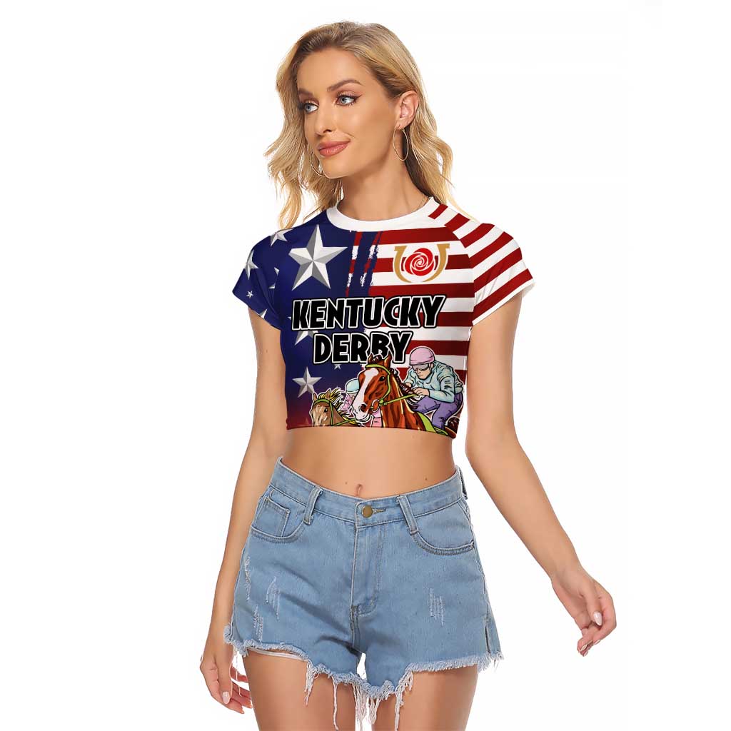 Kentucky Horses Racing Raglan Cropped T Shirt Roses Road with US Flag Style
