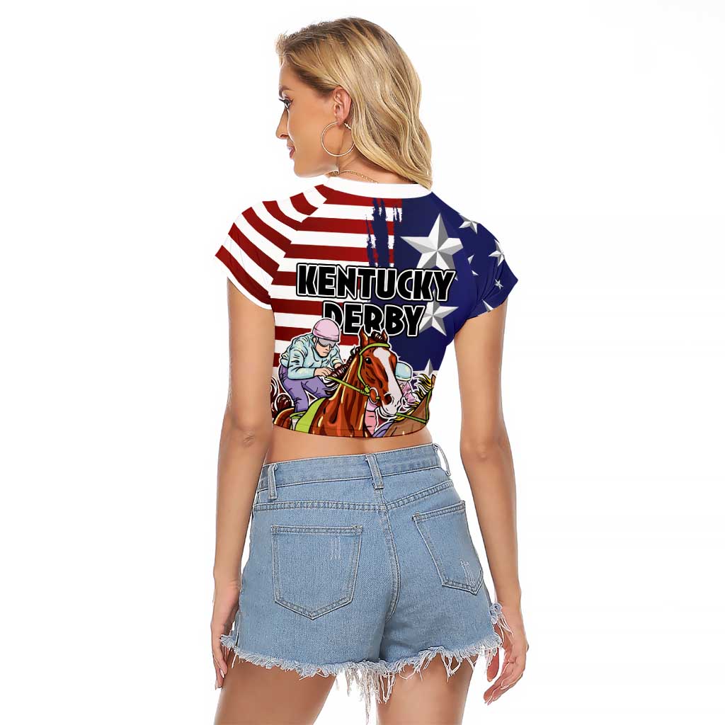 Kentucky Horses Racing Raglan Cropped T Shirt Roses Road with US Flag Style