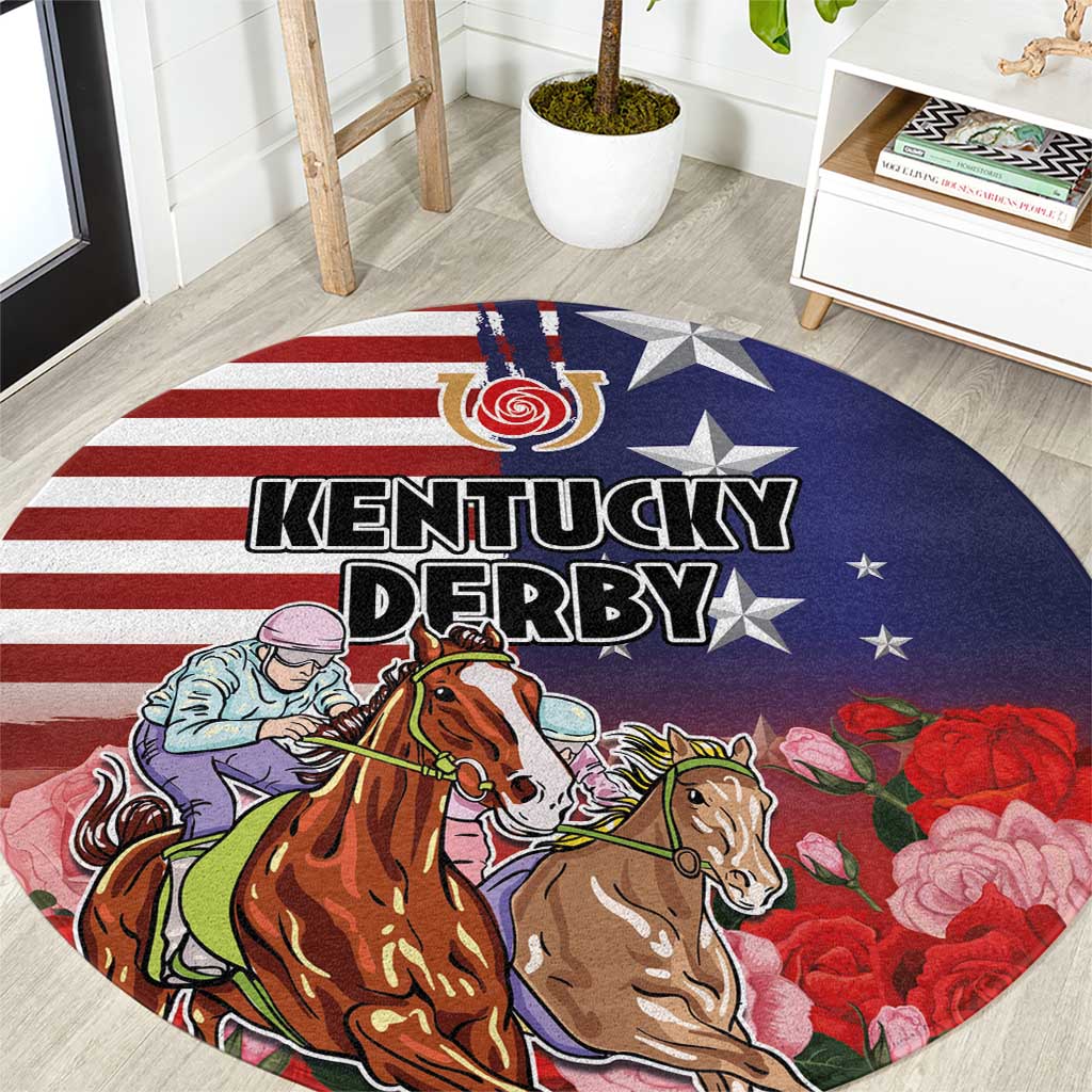 Kentucky Horses Racing Round Carpet Roses Road with US Flag Style