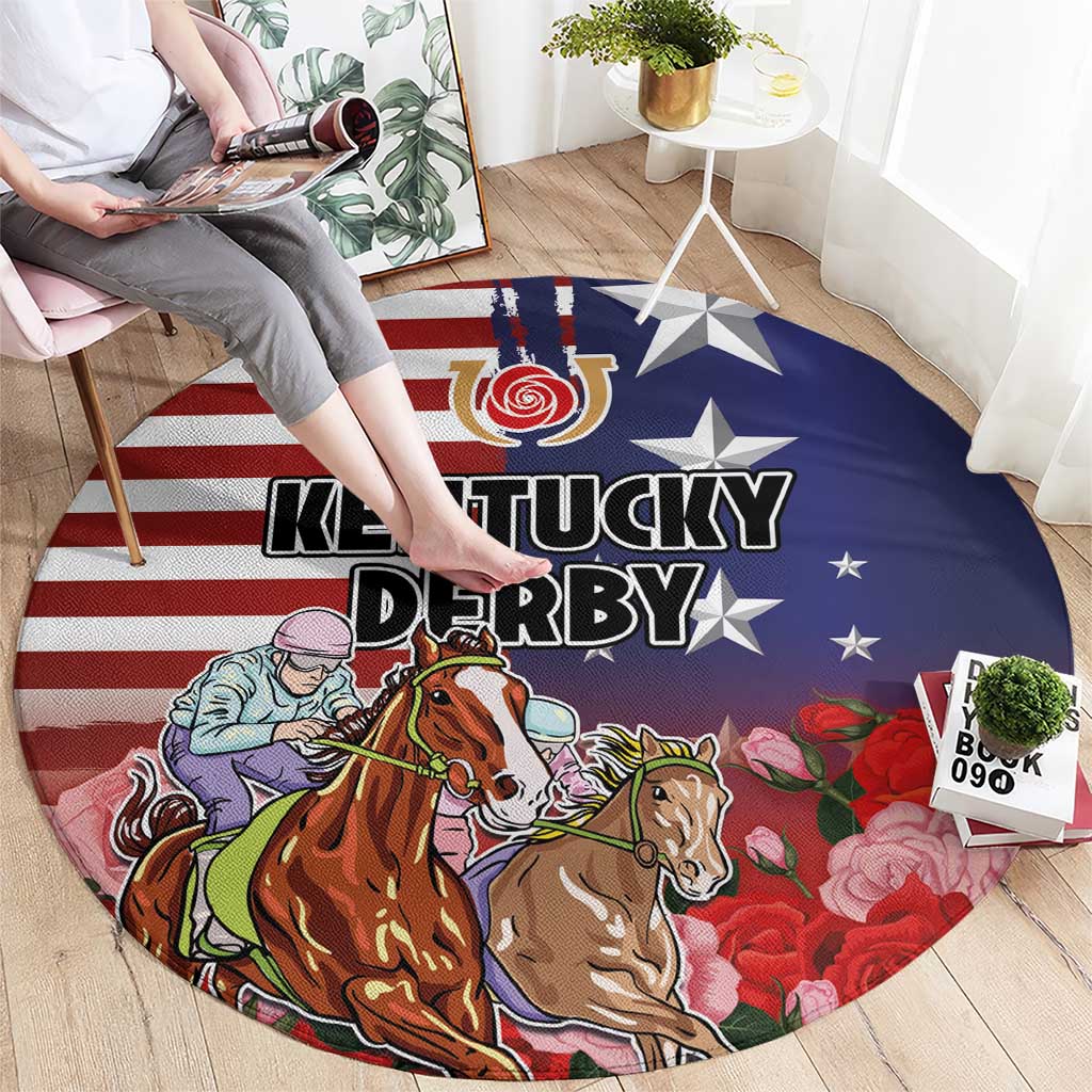 Kentucky Horses Racing Round Carpet Roses Road with US Flag Style