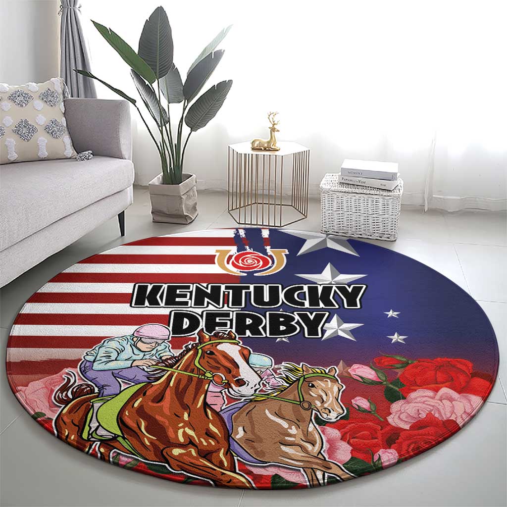 Kentucky Horses Racing Round Carpet Roses Road with US Flag Style