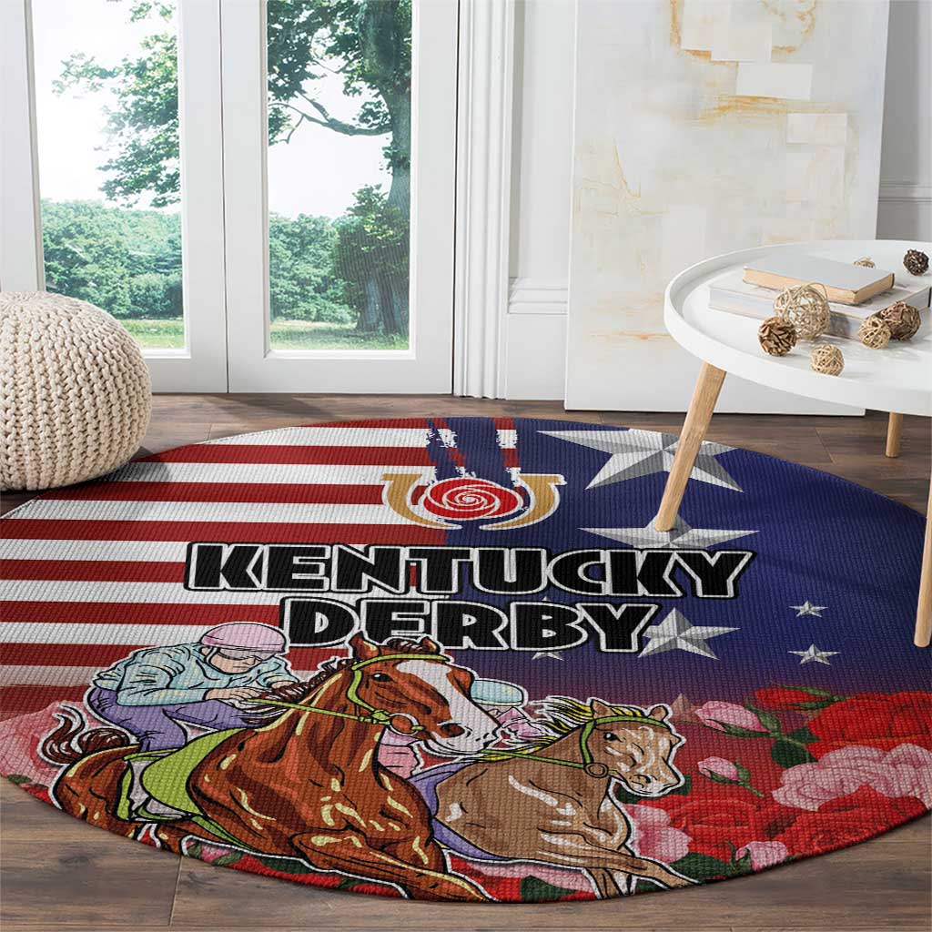 Kentucky Horses Racing Round Carpet Roses Road with US Flag Style