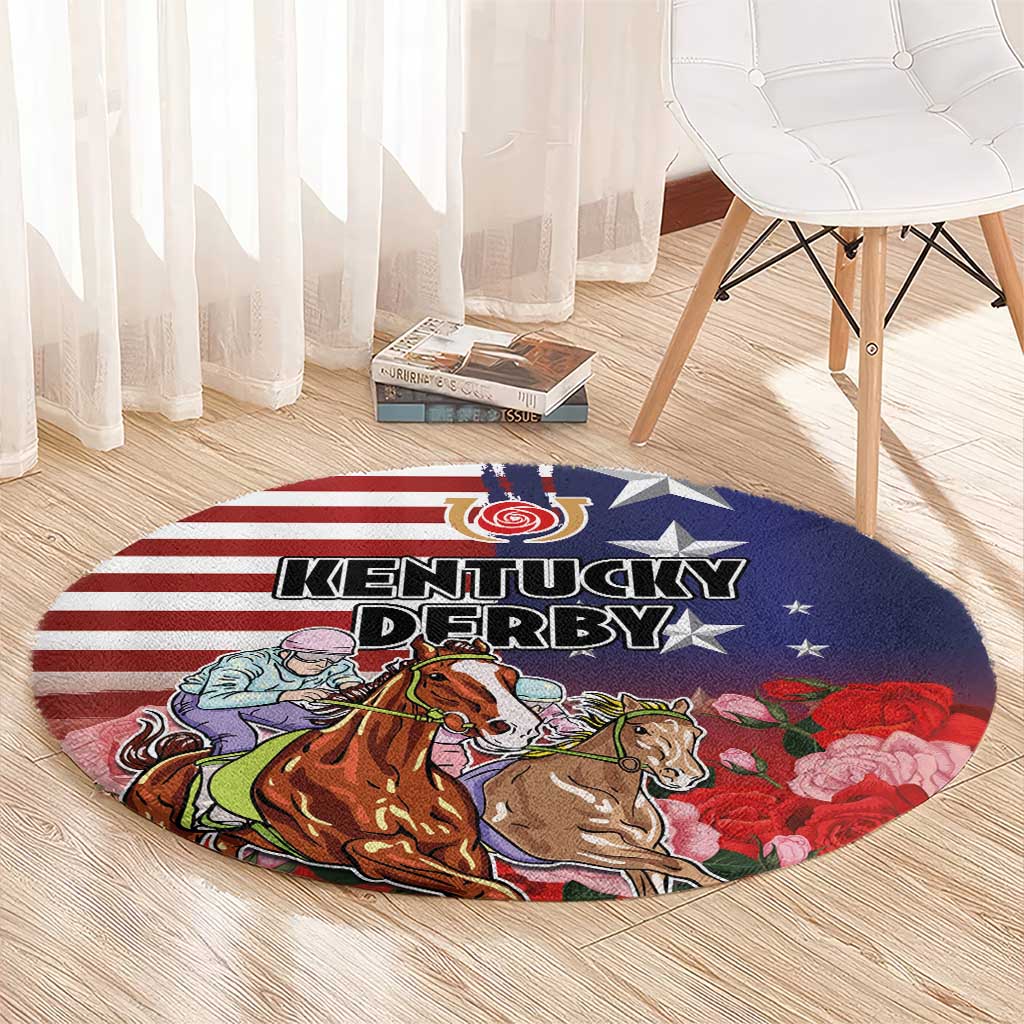 Kentucky Horses Racing Round Carpet Roses Road with US Flag Style
