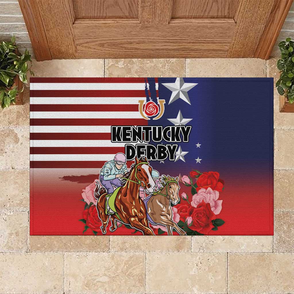 Kentucky Horses Racing Rubber Doormat Roses Road with US Flag Style