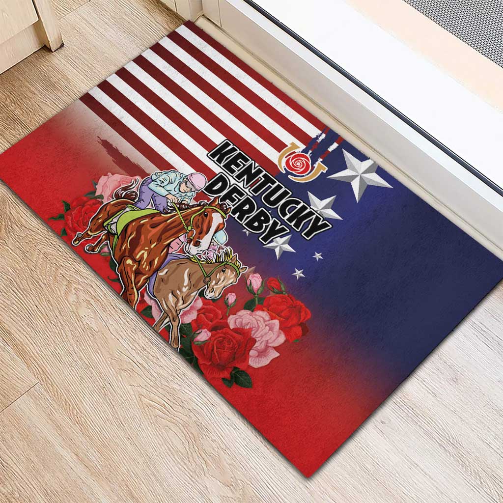 Kentucky Horses Racing Rubber Doormat Roses Road with US Flag Style