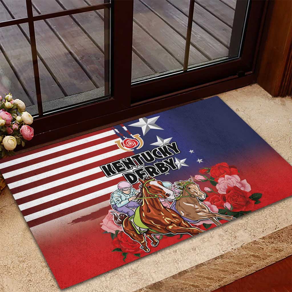 Kentucky Horses Racing Rubber Doormat Roses Road with US Flag Style