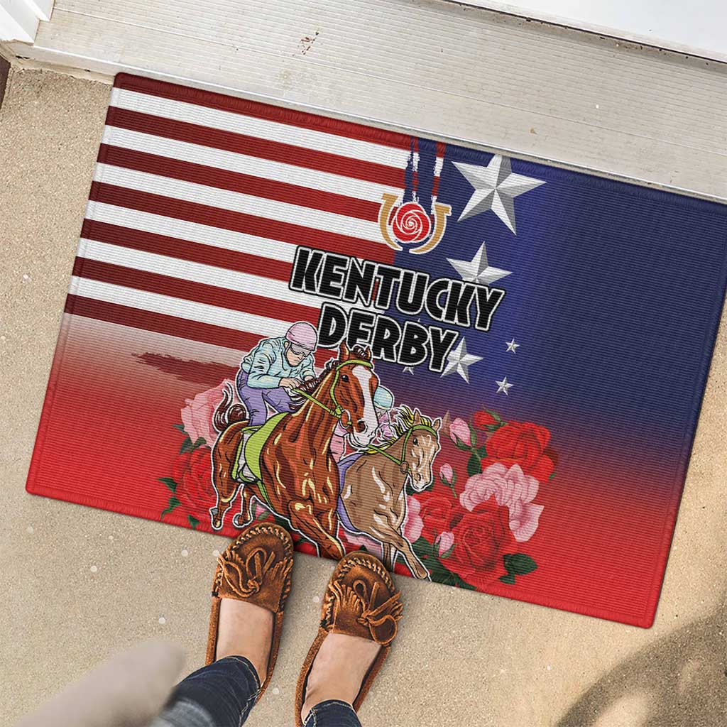 Kentucky Horses Racing Rubber Doormat Roses Road with US Flag Style