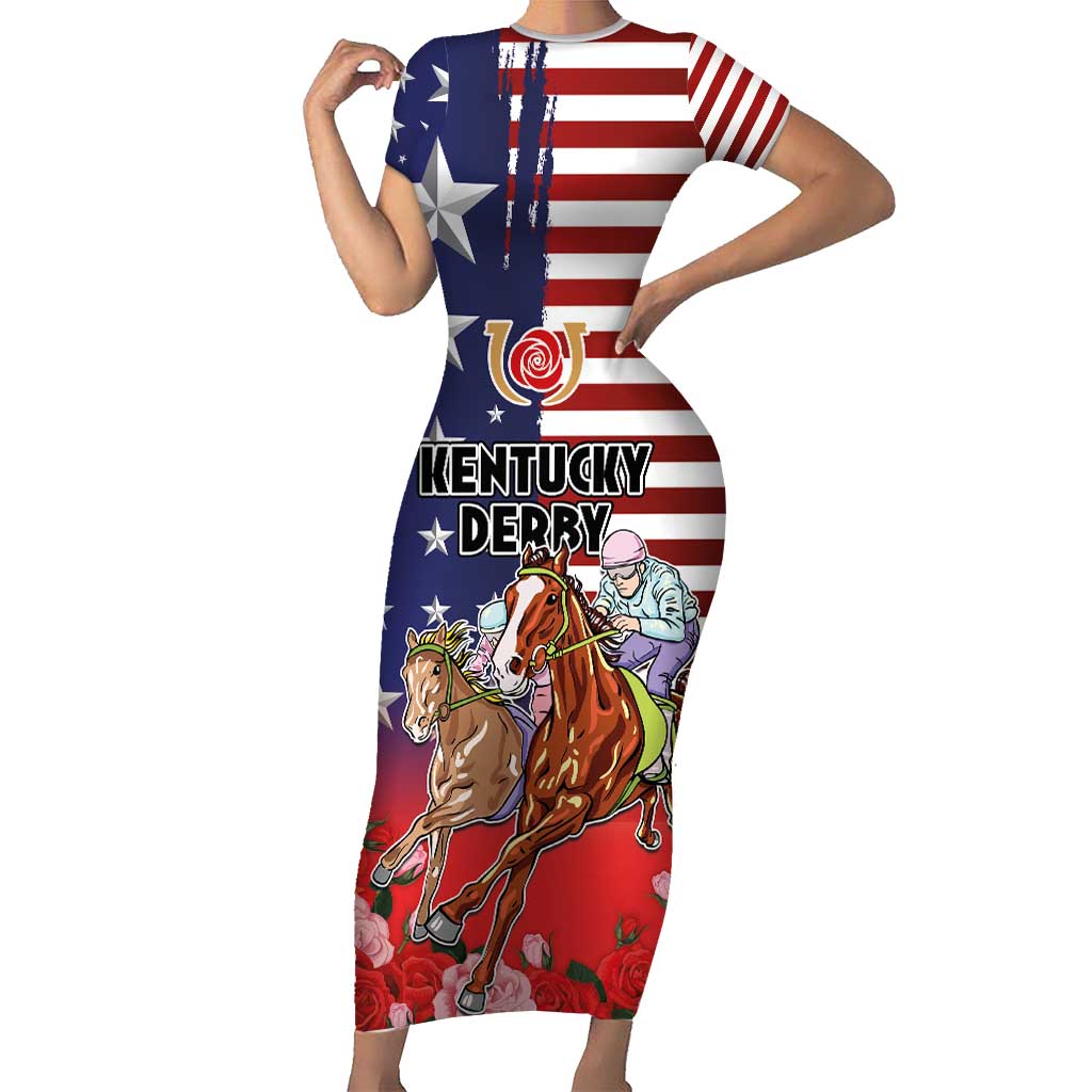 Kentucky Horses Racing Short Sleeve Bodycon Dress Roses Road with US Flag Style