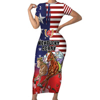 Kentucky Horses Racing Short Sleeve Bodycon Dress Roses Road with US Flag Style