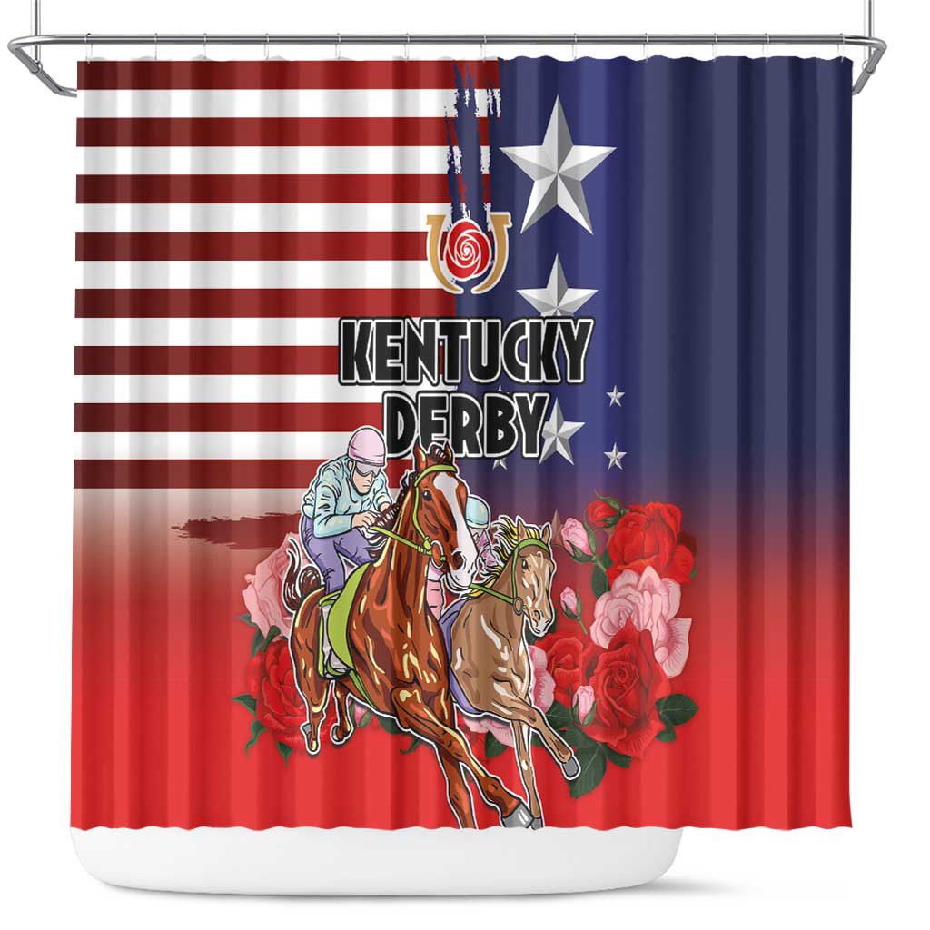 Kentucky Horses Racing Shower Curtain Roses Road with US Flag Style