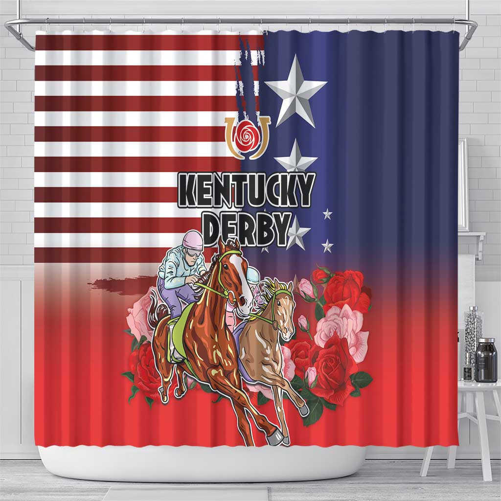 Kentucky Horses Racing Shower Curtain Roses Road with US Flag Style
