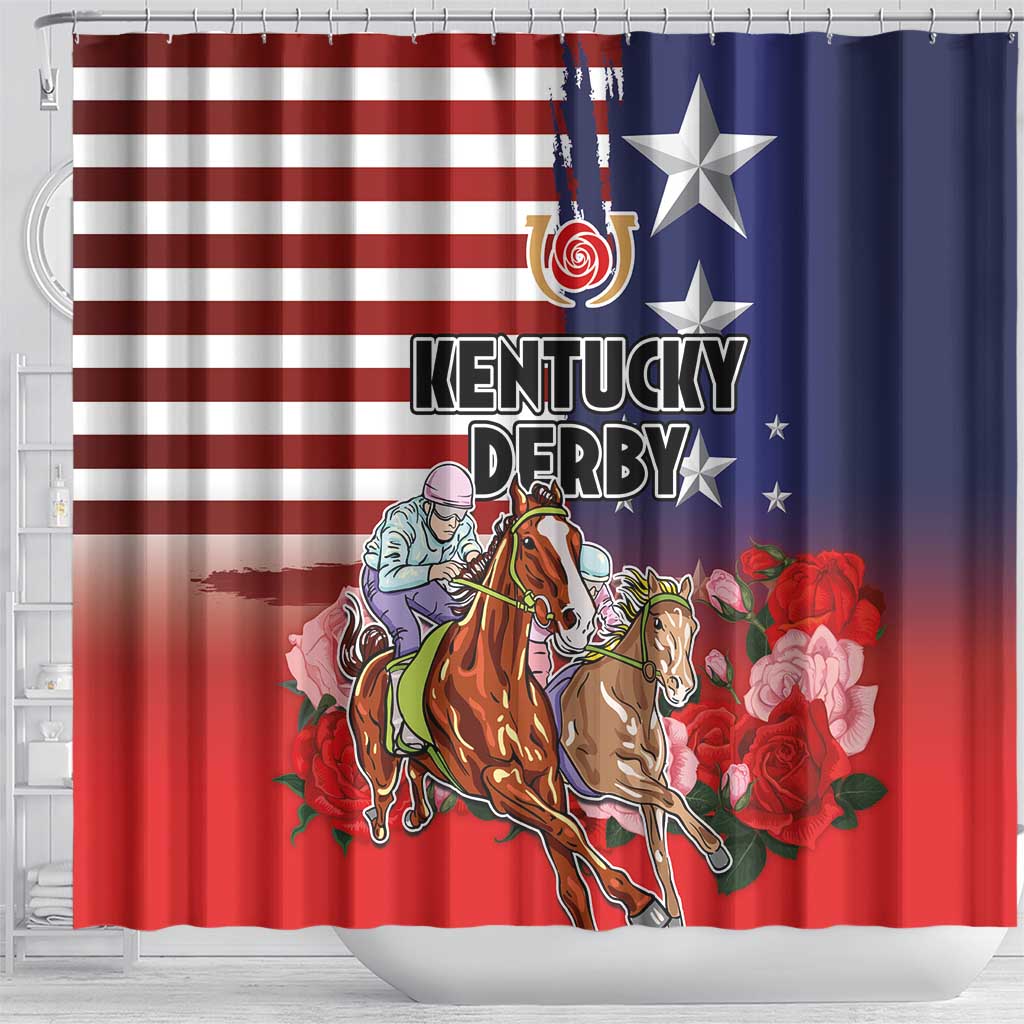 Kentucky Horses Racing Shower Curtain Roses Road with US Flag Style