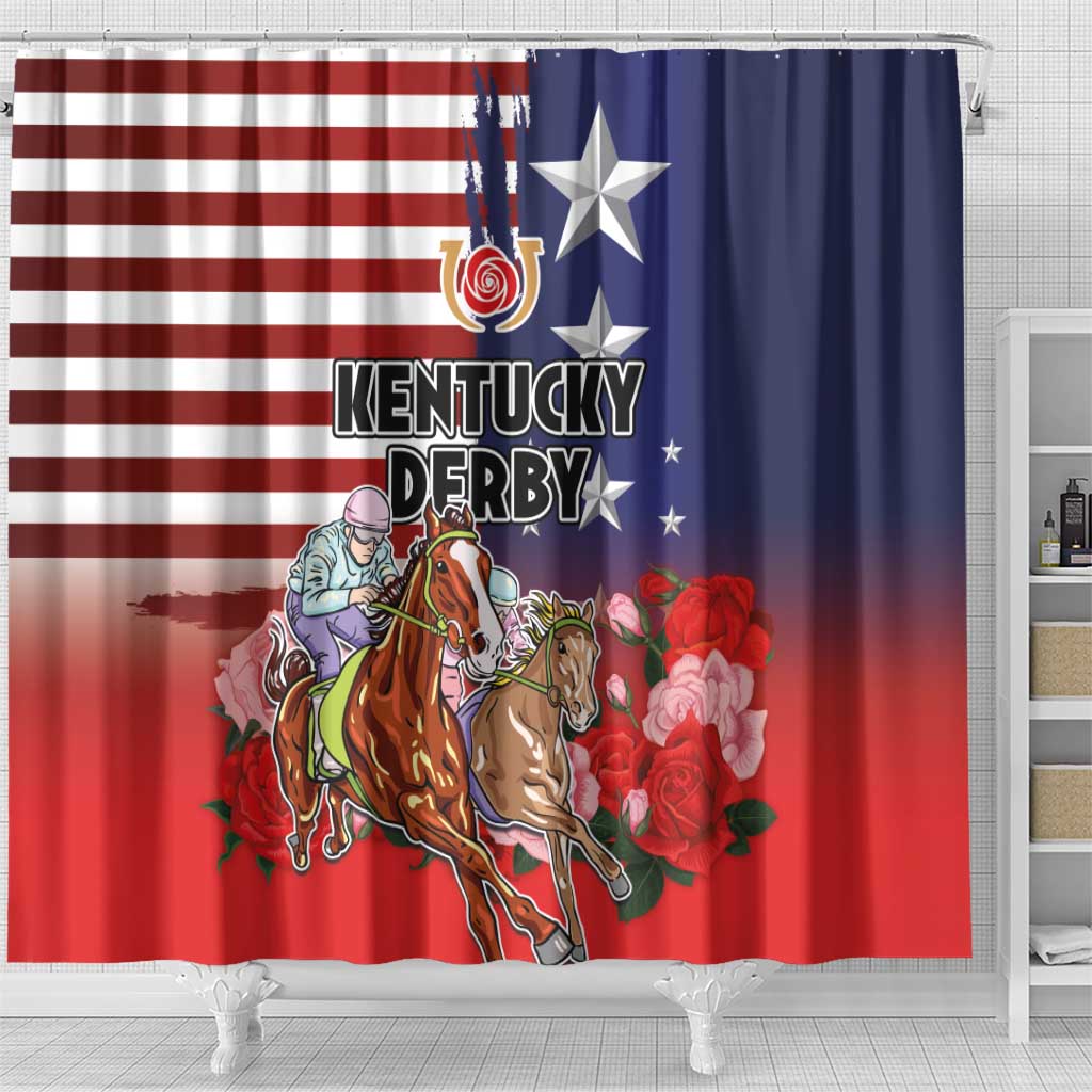 Kentucky Horses Racing Shower Curtain Roses Road with US Flag Style