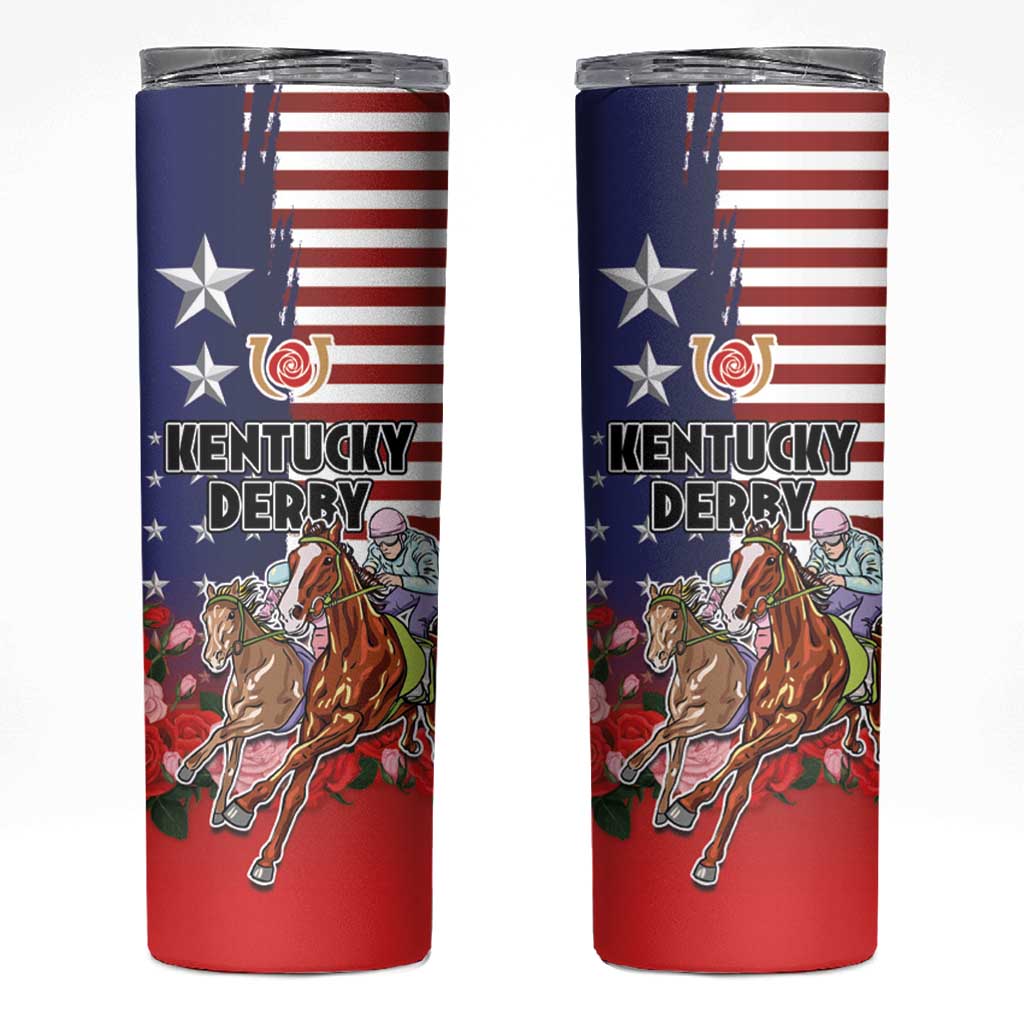 Kentucky Horses Racing Skinny Tumbler Roses Road with US Flag Style
