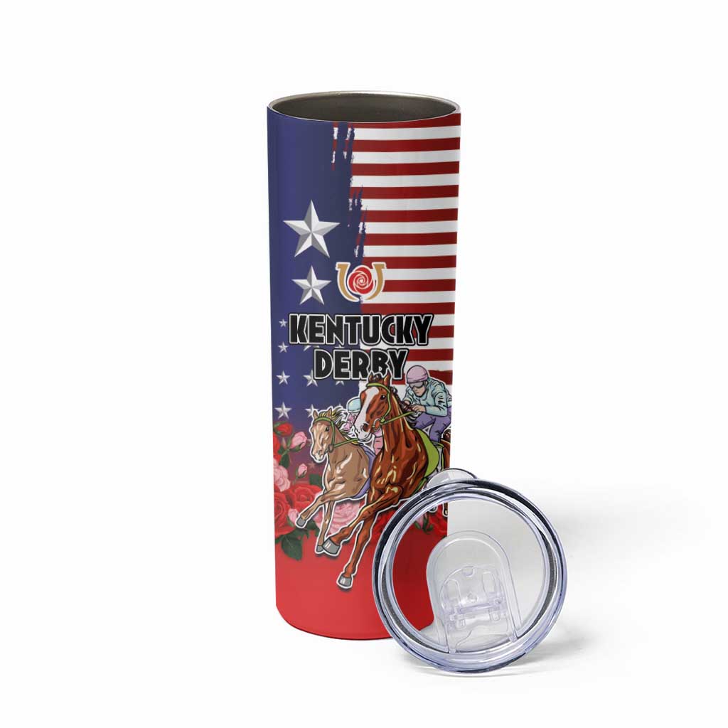 Kentucky Horses Racing Skinny Tumbler Roses Road with US Flag Style