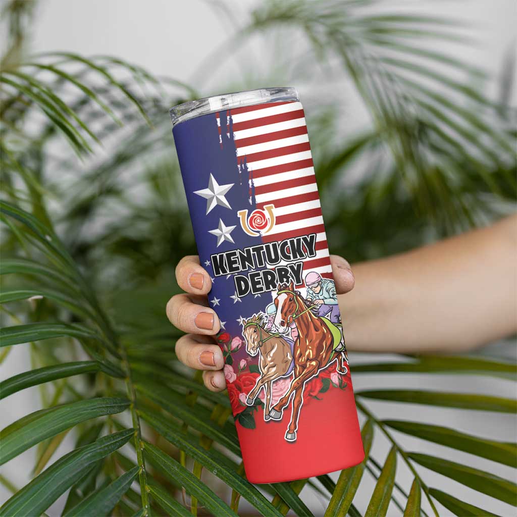 Kentucky Horses Racing Skinny Tumbler Roses Road with US Flag Style