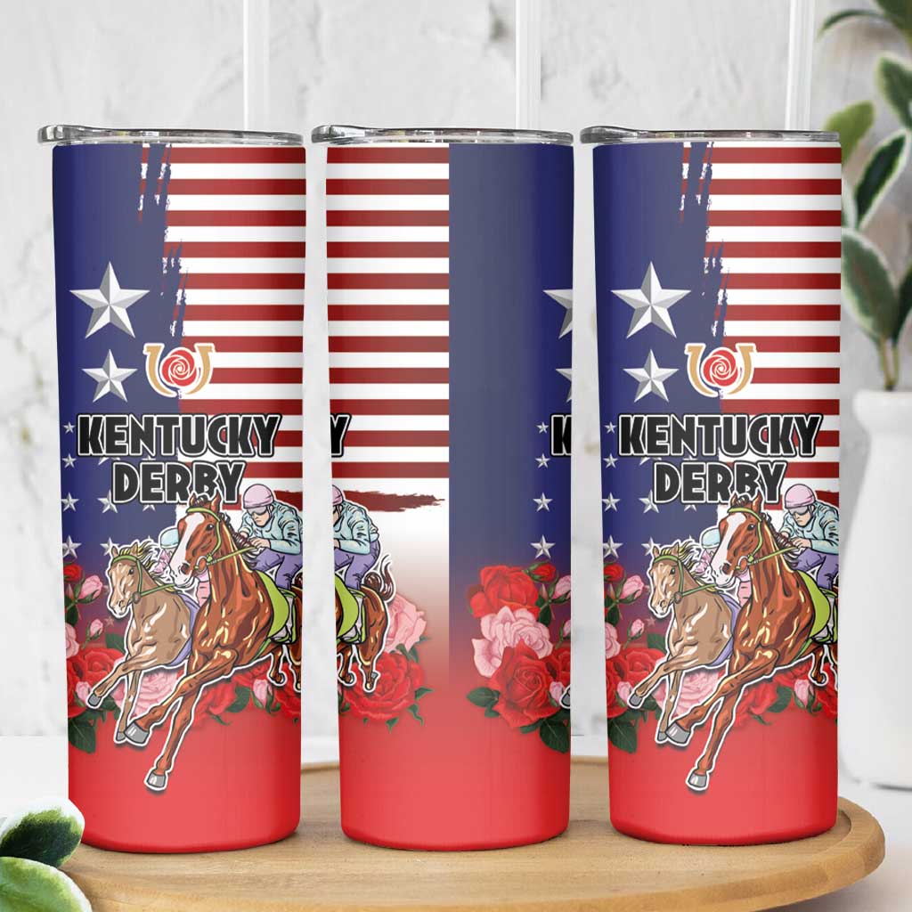 Kentucky Horses Racing Skinny Tumbler Roses Road with US Flag Style