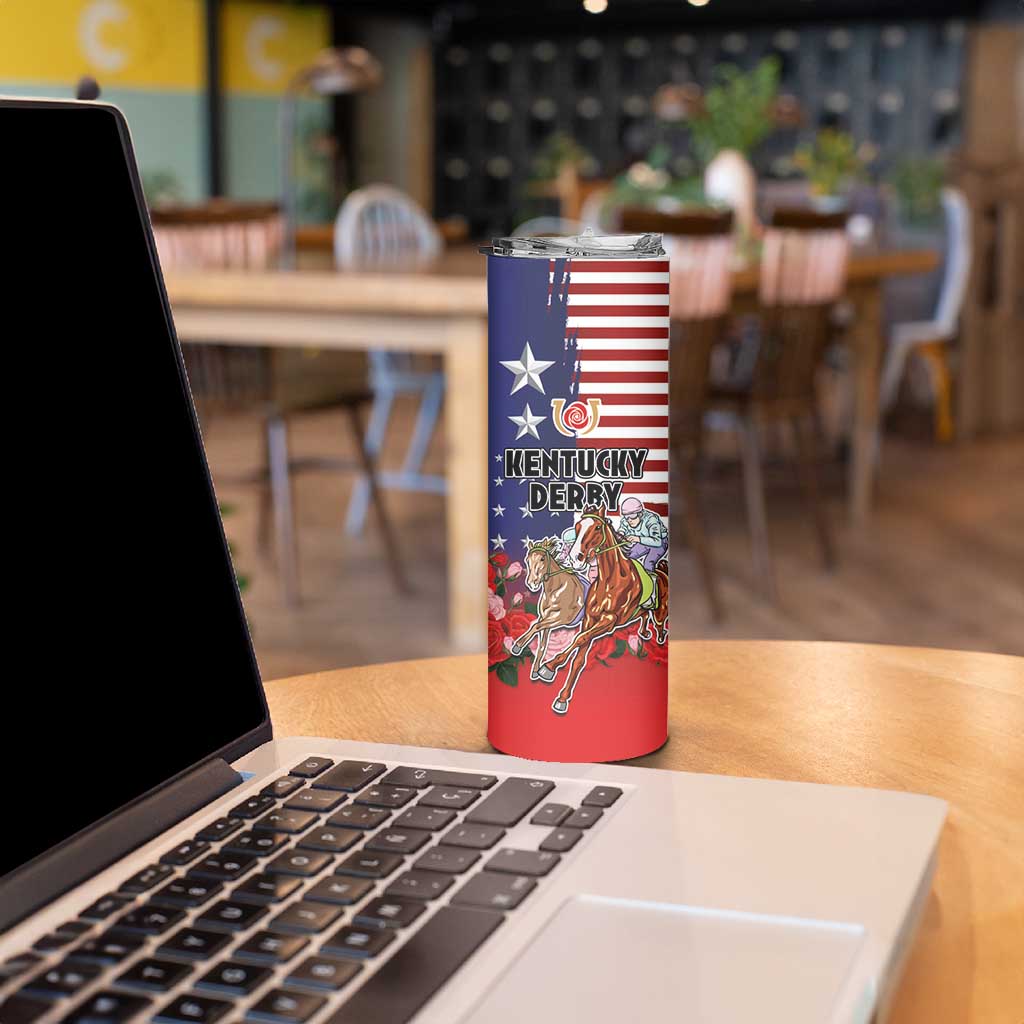 Kentucky Horses Racing Skinny Tumbler Roses Road with US Flag Style