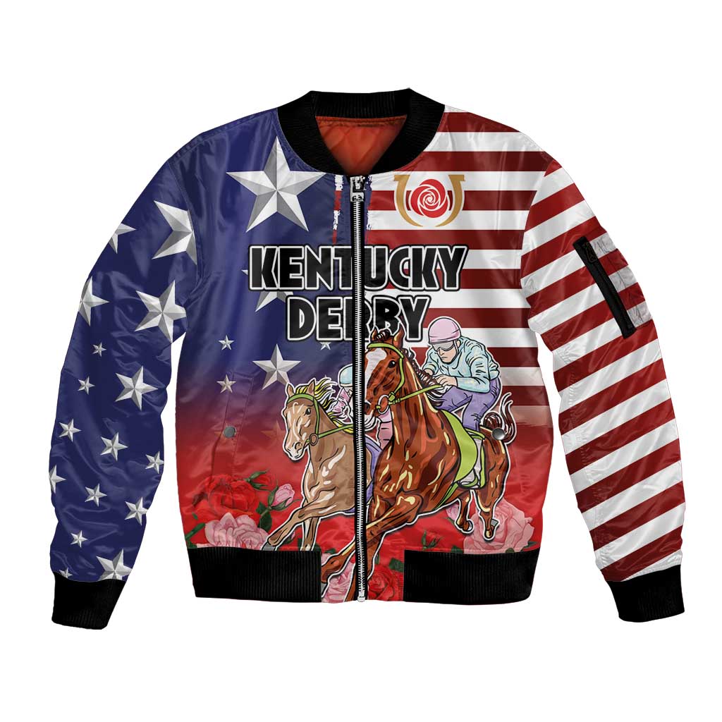 Kentucky Horses Racing Sleeve Zip Bomber Jacket Roses Road with US Flag Style
