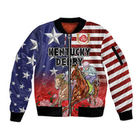 Kentucky Horses Racing Sleeve Zip Bomber Jacket Roses Road with US Flag Style